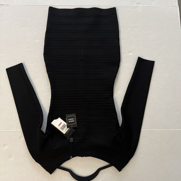 HERVE LEGER Black BANDAGE Zip-Up STRETCH RIB KNIT Bodycon MINI DRESS Sz L - Picture 6 of 12
